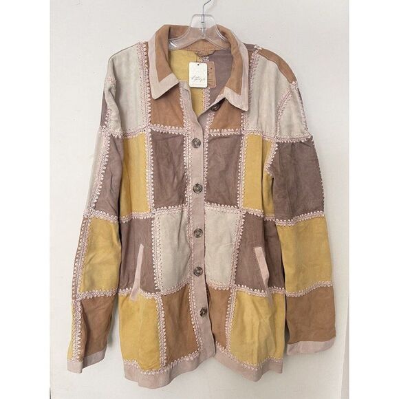 NWT FREE PEOPLE Sz L EDIE CROCHET CHORE LEATHER SUEDE PATCHED SHIRT JACK… - Picture 5 of 9